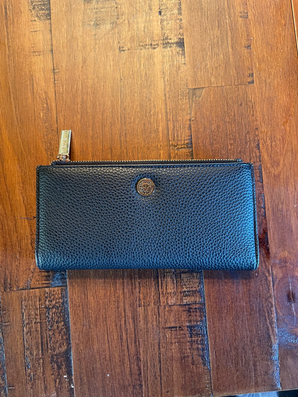 Anne Klein Black Pebbled Zip Wallet with Gold Accents